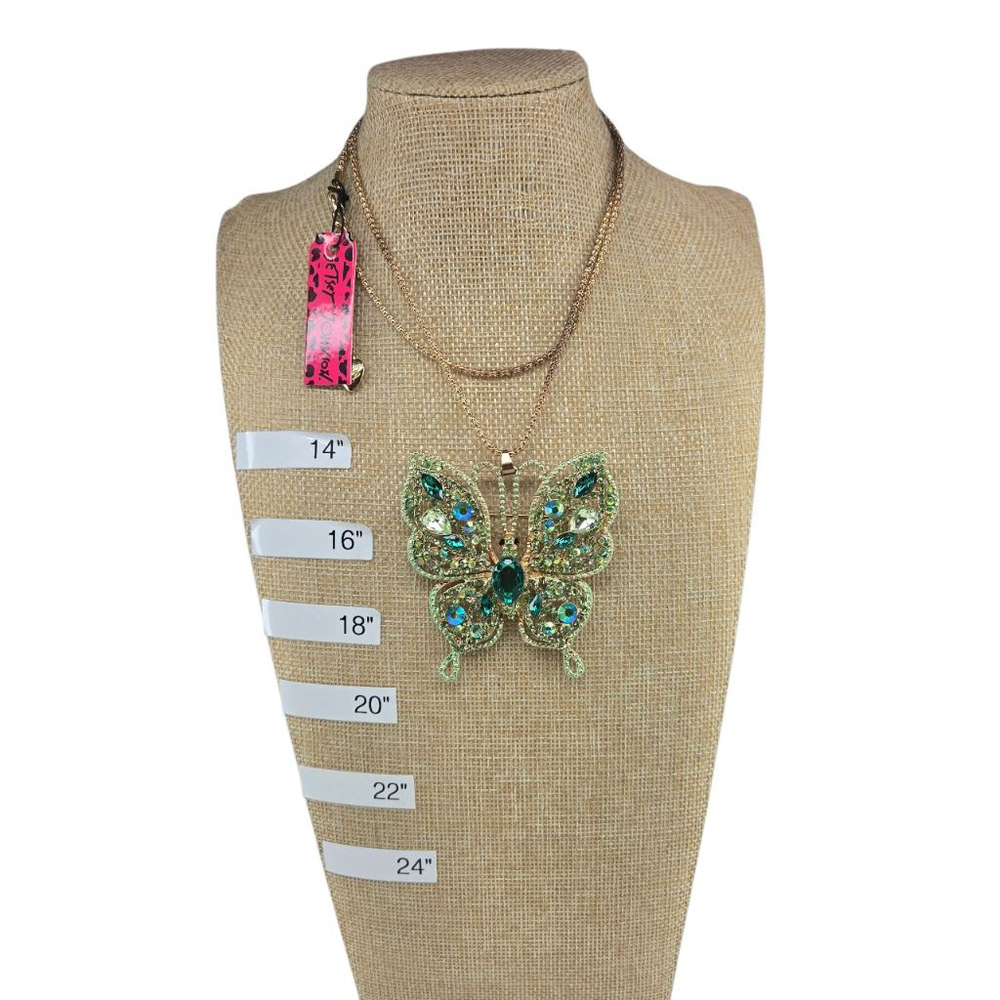 NWT Betsey Johnson Butterfly Necklace Green Gold Crystal Boho AB Rhinestone